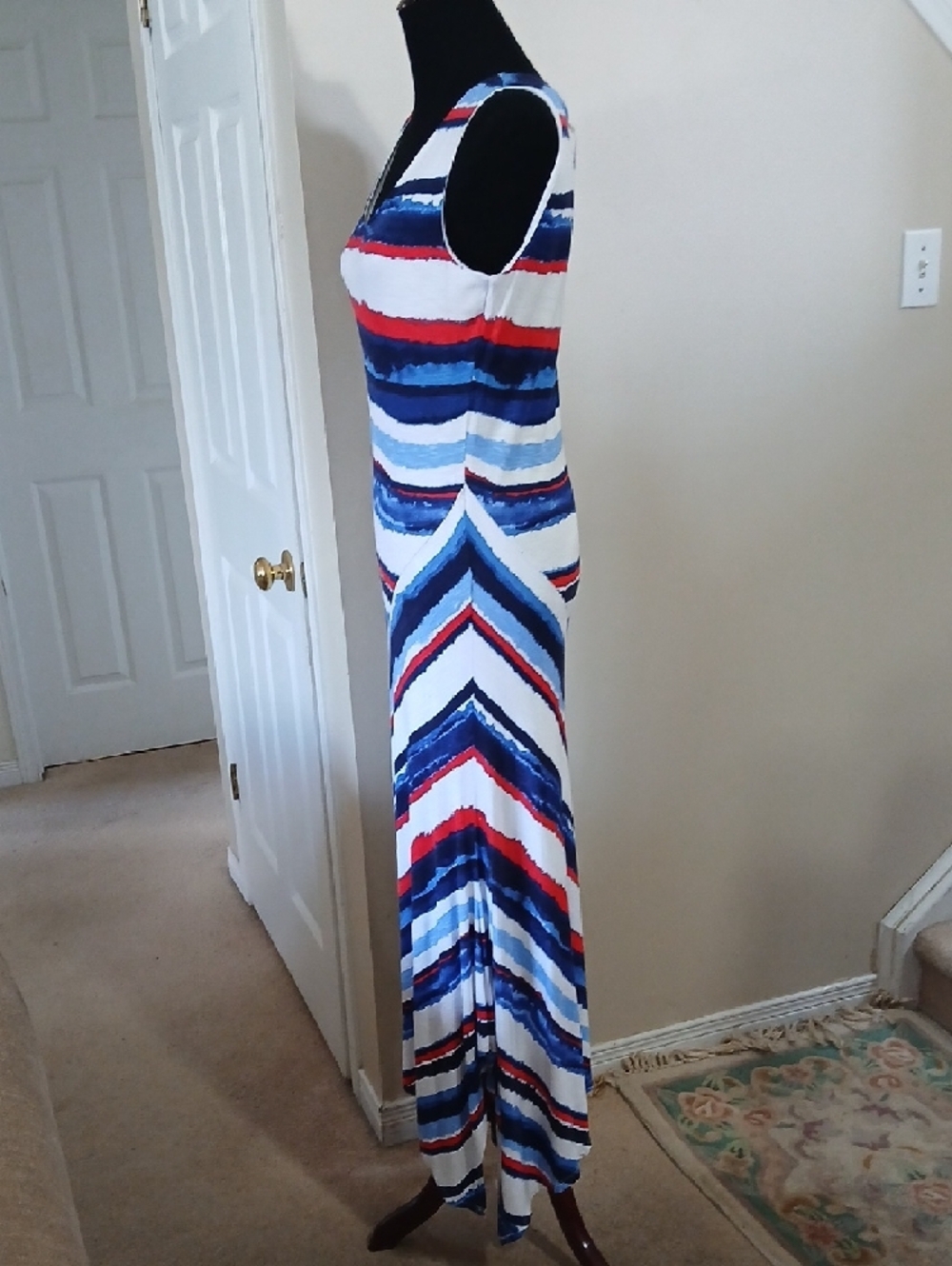 Tribal Sleeveless Maxi Dress in White, Blue & Red Stripes - Picture 4 of 14